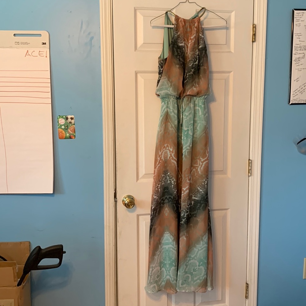 Vince Camuto Mint Green and Tan Patterned Maxi Dress